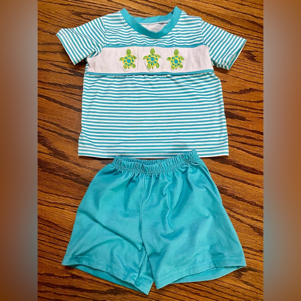 Abby & Evie Sea Turtle Appliqué Striped Turquoise Blue Outfit Baby Boy 12m